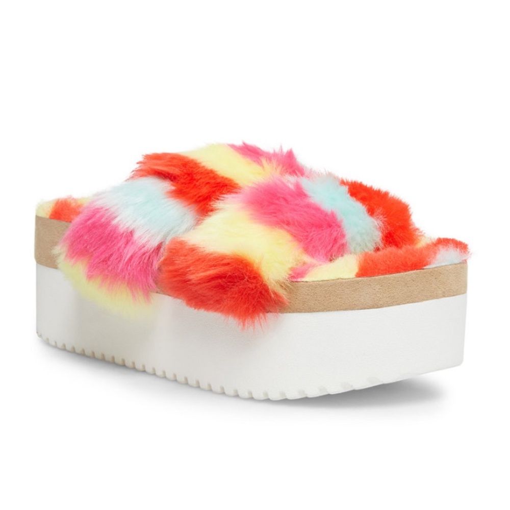 Madden Girl Womens Furbee Faux Fur Platform/ Mule Sandals Multi Colored Sz 6💞
